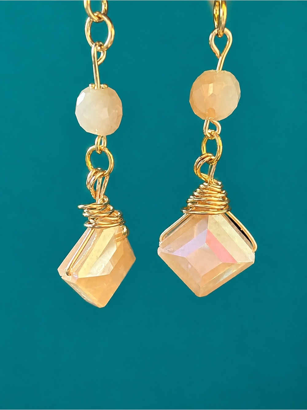 Hand crafted Gold Wire-Wrapped Crystal Drop Earrings - Beige/Champagne